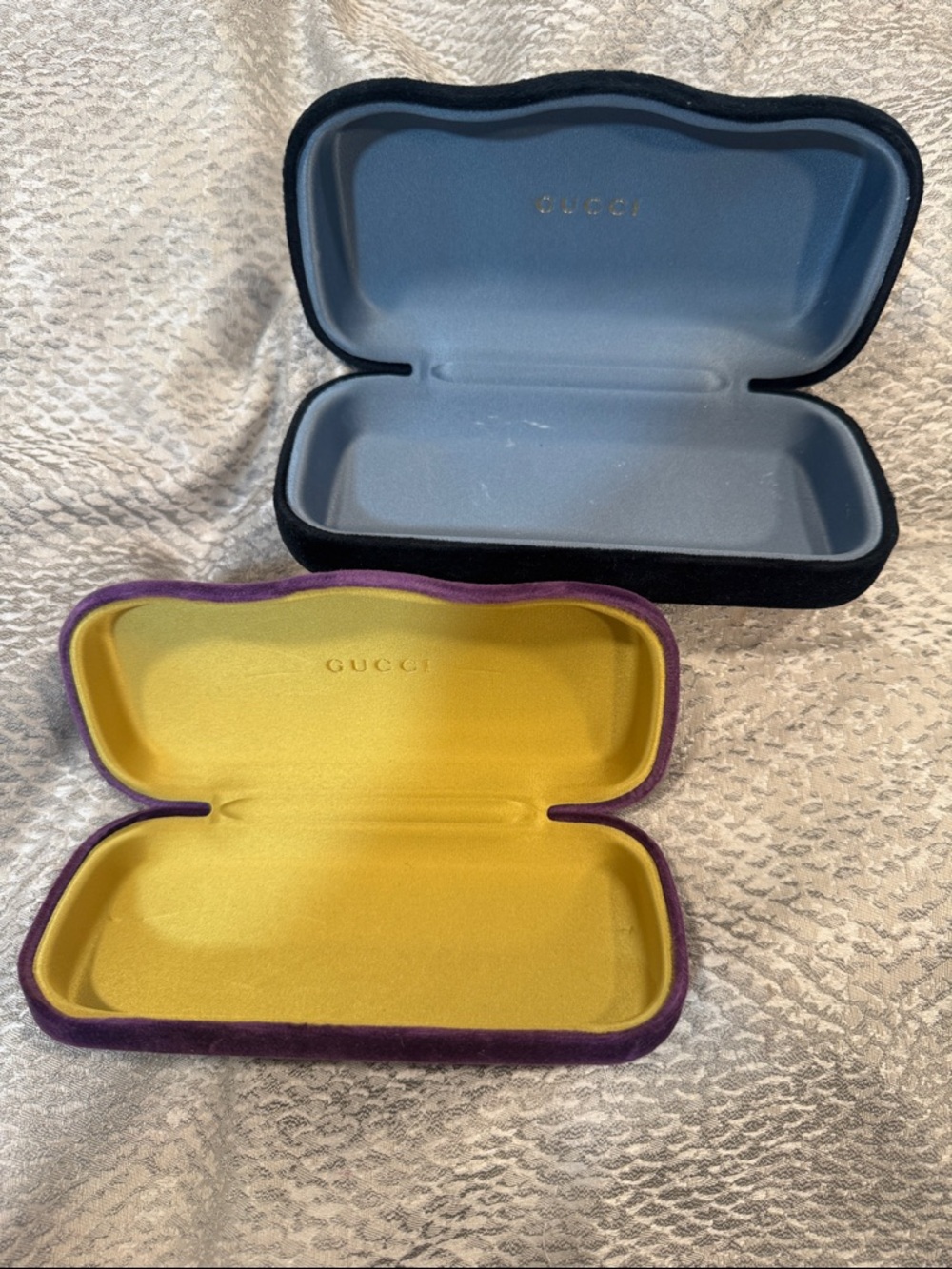 Gucci Velvet Eyewear Case Set in Purple and Blue with Yellow Interior